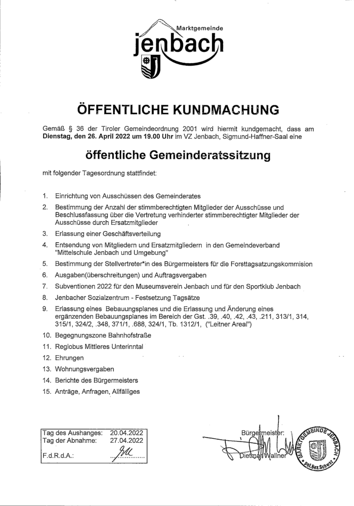 Kundmachung Gemeinderatssitzung