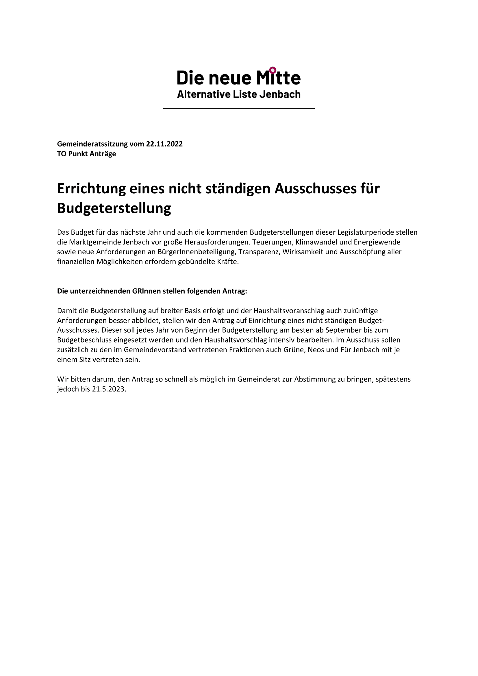 Antrag zur Errichtung eines nicht ständigen Ausschusses für Budgeterstellung