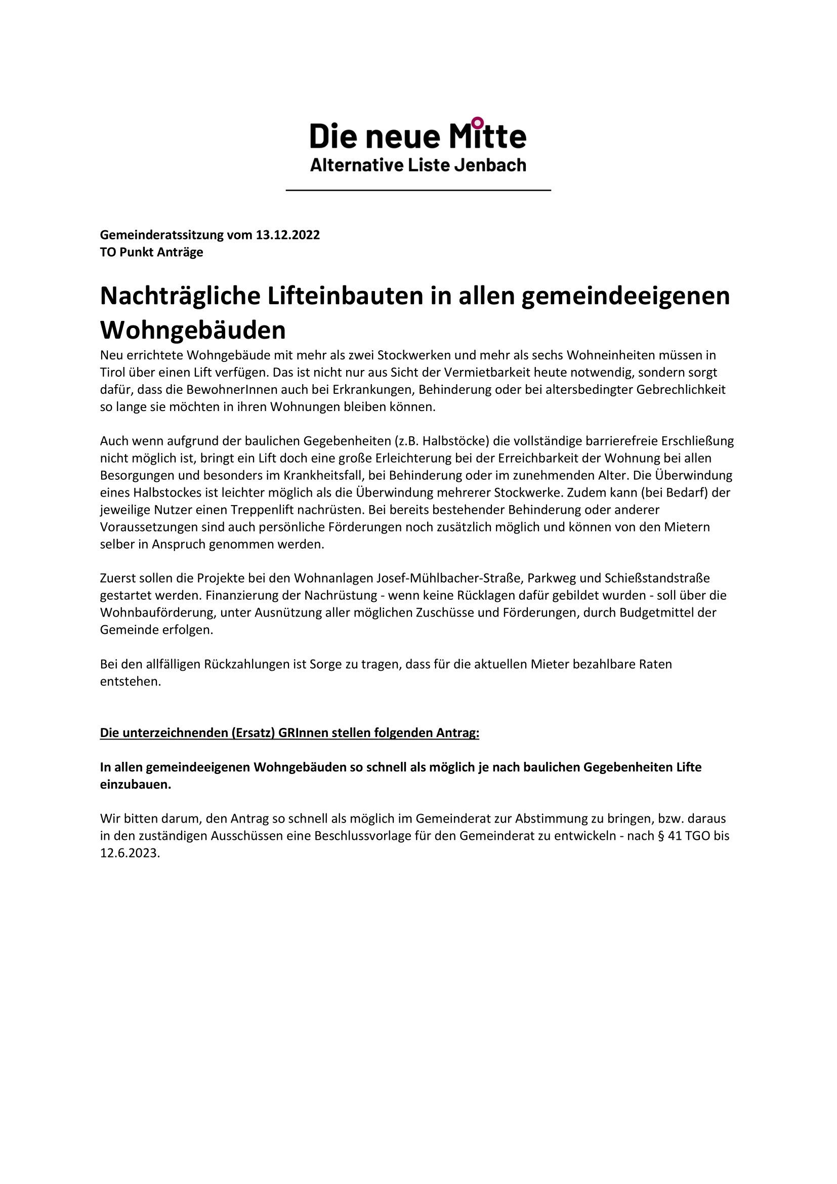 Antrag Lifteinbauten Gemeindewohnungen