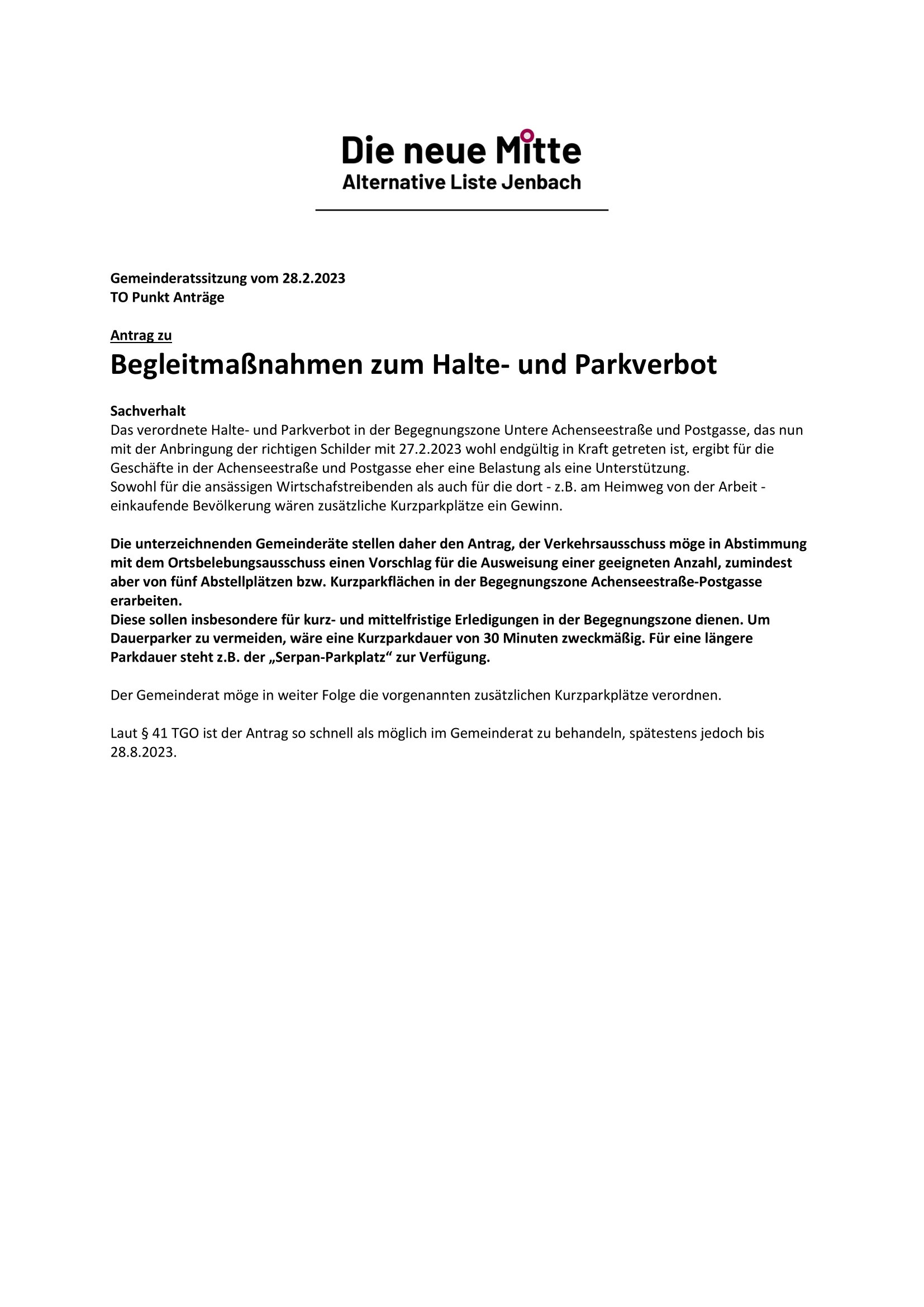 Antrag Halte- und Parkverbot Begegnungszone