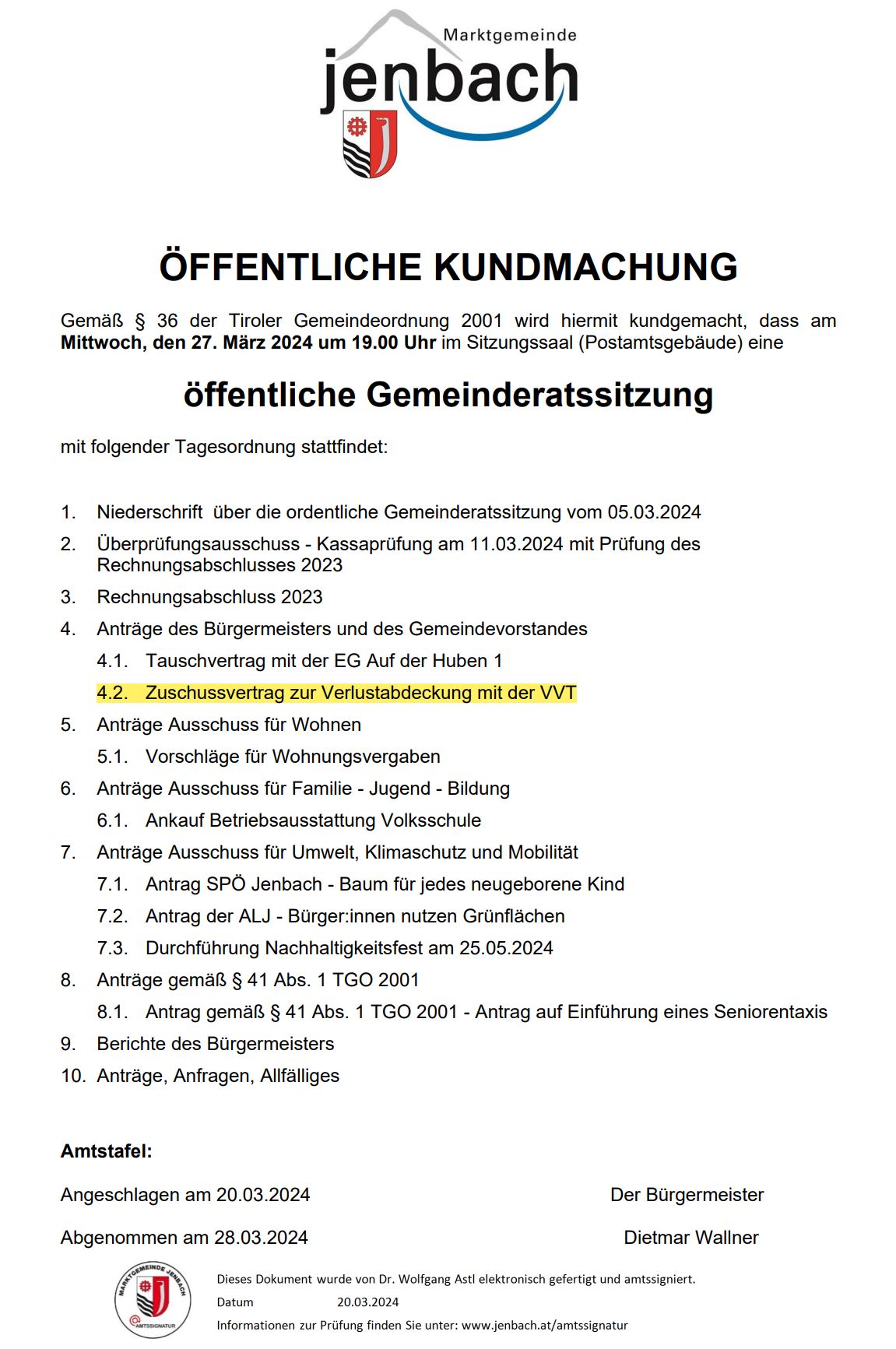 Öffentliche Kundmachung für die Gemeinderatssitzung vom 27.03.2024